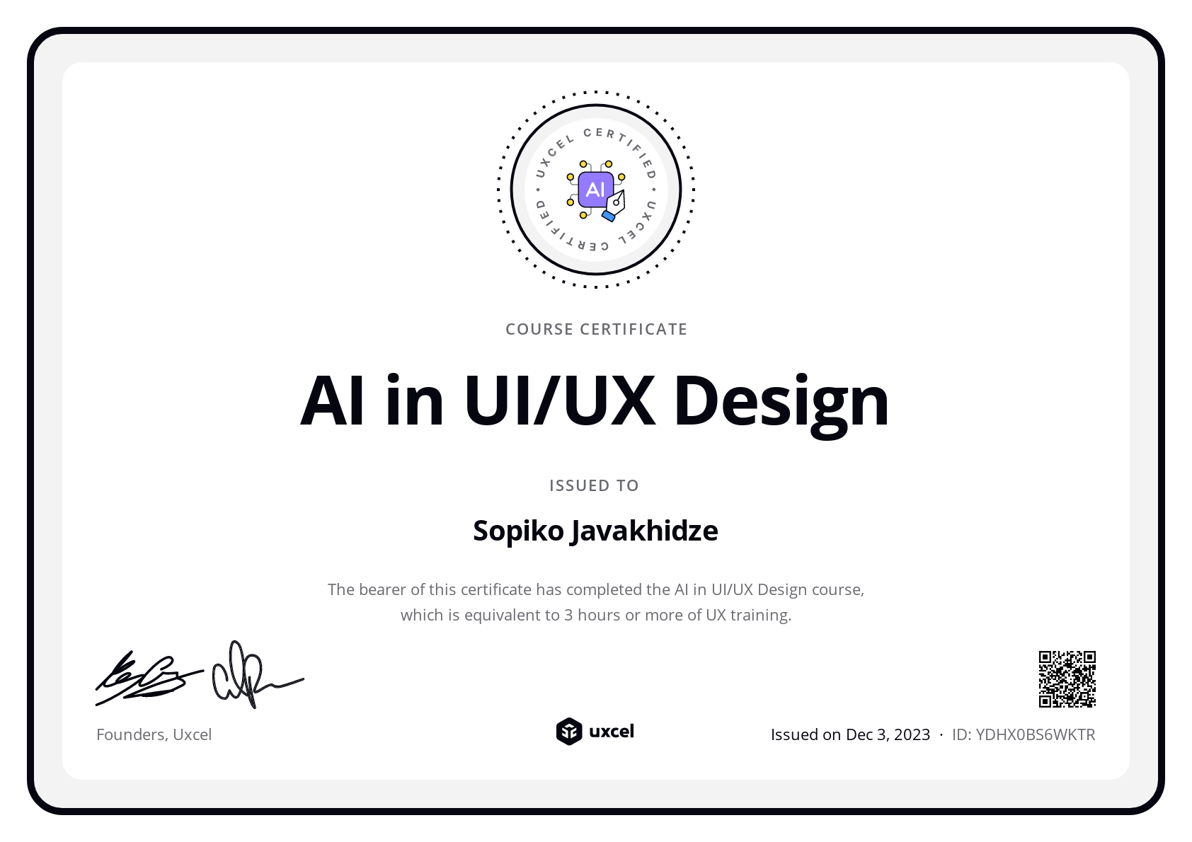 Sophie Javakhidze's certificate